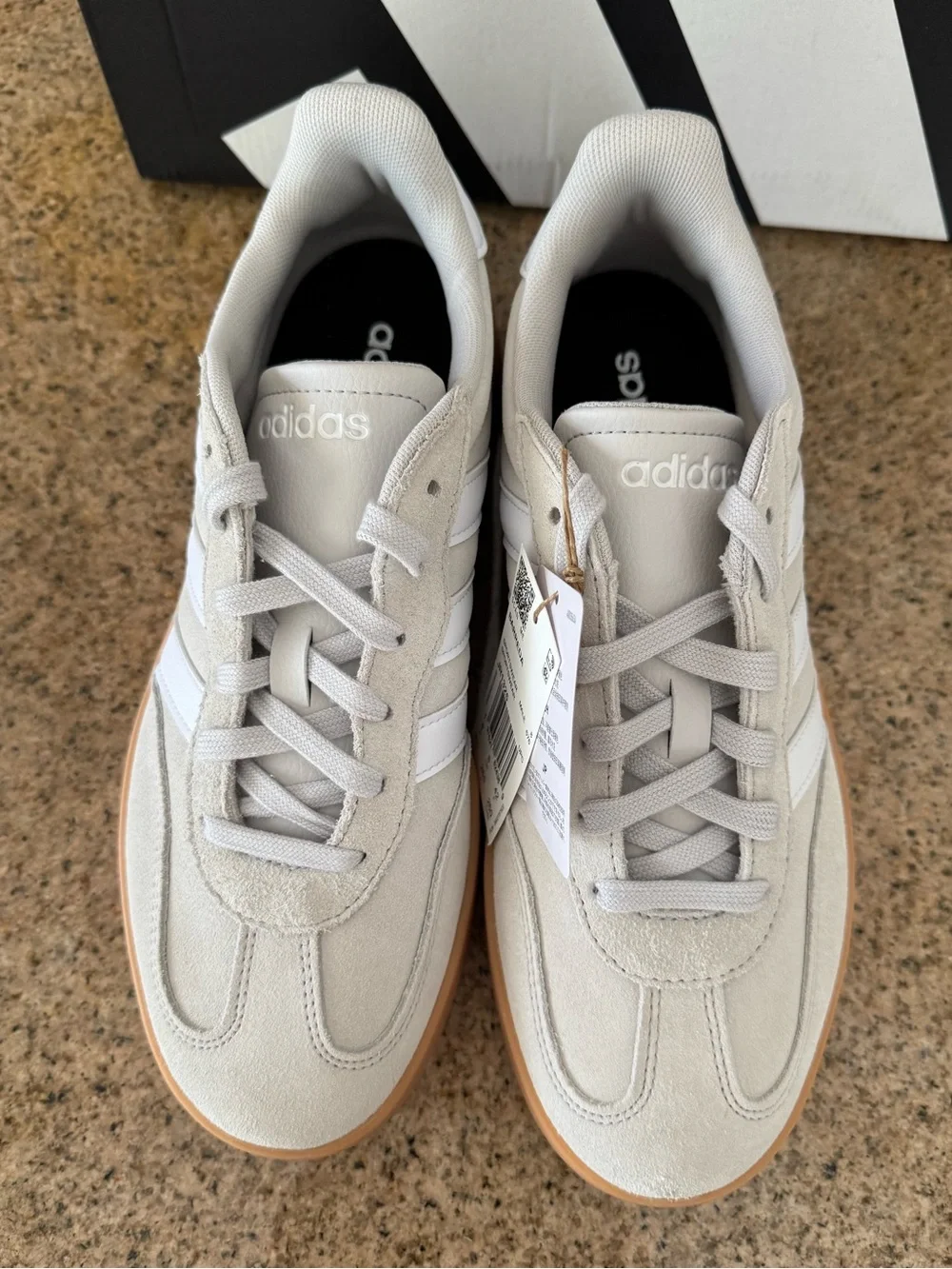 adidas Barreda Men’s Cream Suede Sneakers with White Stripes and Gum Sole NEW